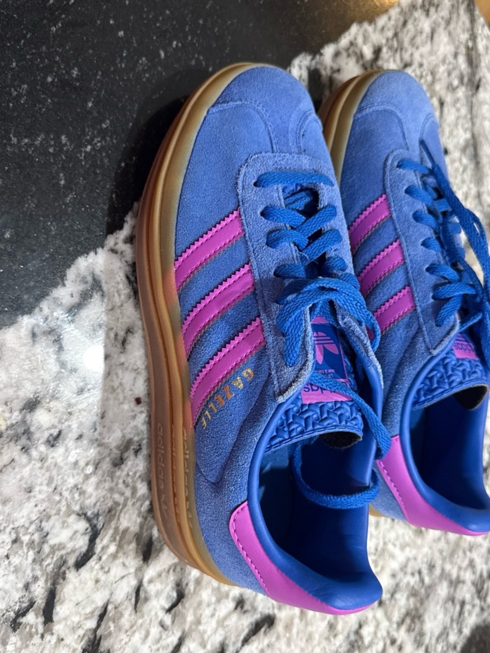 adidas Blue Suede Sneakers with Pink Stripes